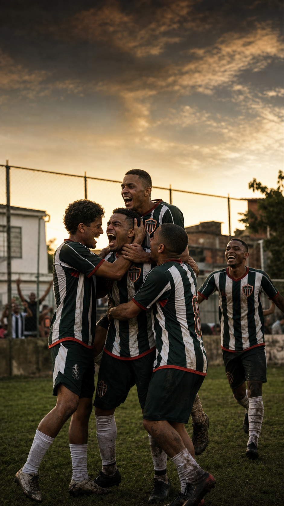 Time de várzea comemorando no campo